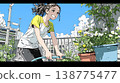A young woman watering flowers in a planter | A refreshing scene of balcony gardening and enjoying nature. 138775477