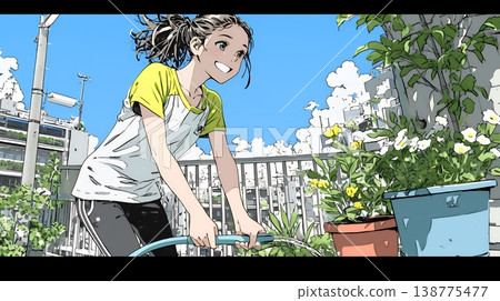 一位年輕女子正在給花盆裡的花澆水 | 陽台園藝和享受自然的清新景象。 138775477