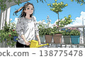 A young woman watering flowers in a planter | A refreshing scene of balcony gardening and enjoying nature. 138775478