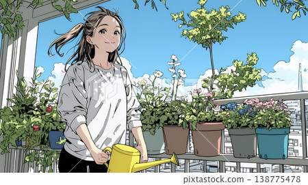 一位年輕女子正在給花盆裡的花澆水 | 陽台園藝和享受自然的清新景象。 138775478