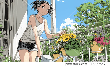 A young woman watering flowers in a planter | A refreshing scene of balcony gardening and enjoying nature. 138775479