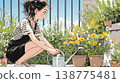 A young woman watering flowers in a planter | A refreshing scene of balcony gardening and enjoying nature. 138775481