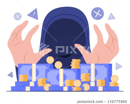 Scammer Thief in Hood Steal the Cash Money Bundles and Coins for Financial Risk Concept Illustration Clip Art Scammer Thief in Hood Steal the Cash Money Bundles and Coins for Financial Risk Concept Illustration Clip Art 138775988