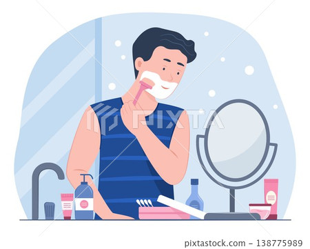Handsome Man Shaving Mustache in Front of Mirror in Bathroom for Facial Treatment and Healthcare Routine Concept Illustration Handsome Man Shaving Mustache in Front of Mirror in Bathroom for Facial Treatment and Healthcare Routine Concept Illustration 138775989