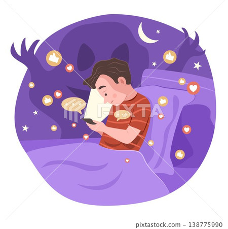 Boy Kid Watching Social Media Content and Chatting on Smartphone Before Sleep at Night for Social Media Addiction and FOMO Concept Illustration Boy Kid Watching Social Media Content and Chatting on Smartphone Before Sleep at Night for Social Media Addiction and FOMO Concept Illustration 138775990