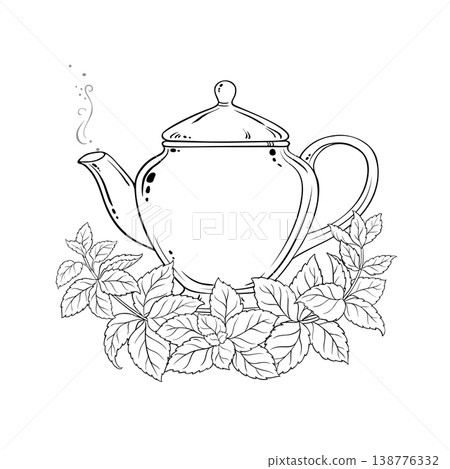 Melissa Tea in Teapot Outline Illustration. Melissa Tea in Teapot Outline Illustration. 138776332