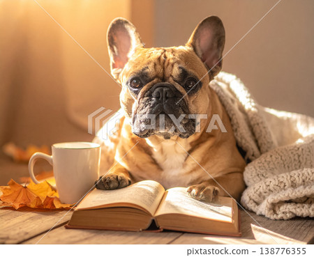 A French Bulldog enjoying a book and coffee in the autumn sunshine. 138776355