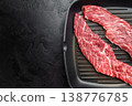 Closeup raw beef premium steak on grill pan showing texture and grain, uncooked meat ready for searing grilling or barbecue cooking 138776785