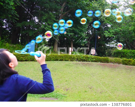 A woman playing with soap bubbles in a park in springtime – a relaxing scene on a day off. A woman playing with soap bubbles in a park in springtime – a relaxing scene on a day off. 138776801