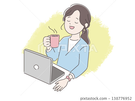 一幅插圖，描繪了一位女士在電腦前放鬆地喝咖啡。 138776952