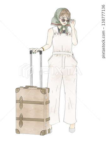 一位女士扛著一個箱子；一位女士要去旅行；行李箱；太陽眼鏡；圍巾。 138777136