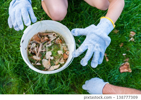Father and son collecting inedible mushrooms from lawn wearing protective gloves Father and son collecting inedible mushrooms from lawn wearing protective gloves 138777309