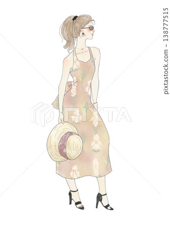 A woman in a dress, facing sideways, wearing a straw hat and sunglasses. 138777515
