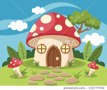 Whimsical Mushroom House in a Fairytale Landscape. Illustration. Whimsical Mushroom House in a Fairytale Landscape. Illustration. 138777548