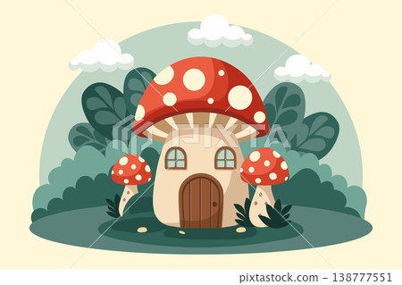Whimsical Mushroom House in a Fairytale Landscape. Illustration. Whimsical Mushroom House in a Fairytale Landscape. Illustration. 138777551