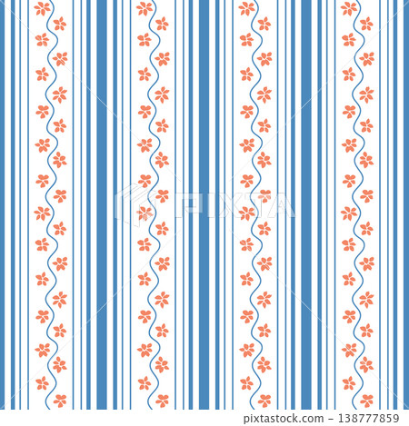 Floral striped seamless pattern in blue and pink colors. Vector hand drawn flowers print for pajama, bedtime Floral striped seamless pattern in blue and pink colors. Vector hand drawn flowers print for pajama, bedtime 138777859