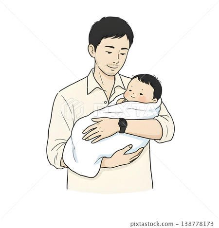 一位父親給洗完澡的寶寶用毛巾包起來（手繪風格插圖） 138778173