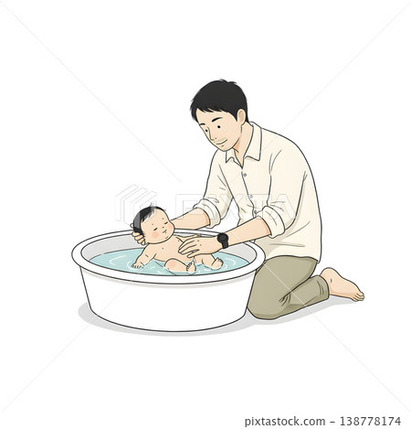 一位父親正在幫嬰兒洗澡（手繪風格插圖） 138778174