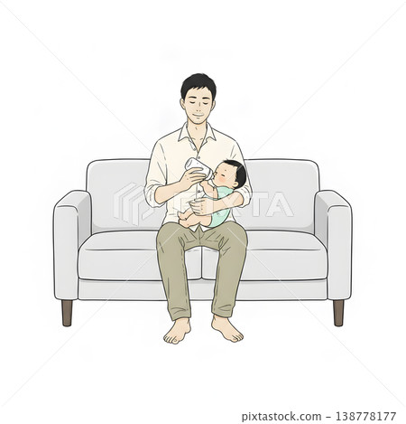 一位父親正在用奶瓶餵寶寶喝奶（手繪風格插圖） 138778177