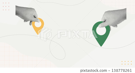 Trendy halftone collage of two person hands holding yellow and green location pin icons connected by a curved line, flat design concept for connecting locations, navigation, and map direction. 138778261