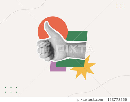 Trendy halftone collage of person hand giving thumbs up with colorful geometric shapes and star burst on light background, flat design concept for positive validation, approval, and success. 138778266