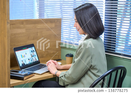 A profile view of a businesswoman participating in an online meeting from a partitioned seat by the window. A profile view of a businesswoman participating in an online meeting from a partitioned seat by the window. 138778275