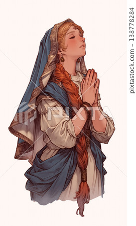 一幅奇幻的插畫，描繪了一位女子默默祈禱的場景；柔和的光線和寧靜的氛圍營造出舒緩的畫面。 138778284