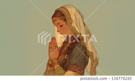 一幅插圖描繪了一位女子在柔和的光線下靜靜祈禱，這是一個象徵內心平靜和希望的夢幻場景。 138778285