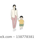 A mother and toddler walking hand in hand (hand-drawn style illustration) 138778381