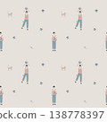 seamless minimal cozy everyday with boy, coffee, books and cat in soft pastel style repeat pattern background, flat jpg illustration graphic design 138778397