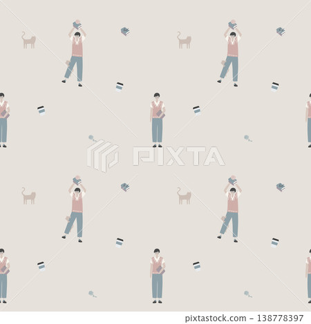 seamless minimal cozy everyday with boy, coffee, books and cat in soft pastel style repeat pattern background, flat jpg illustration graphic design 138778397