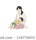 A mother watches over her sick child, who is sleeping on her lap (hand-drawn style illustration) 138778455
