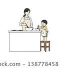 A mother and toddler cooking together in the kitchen (hand-drawn style illustration) 138778458
