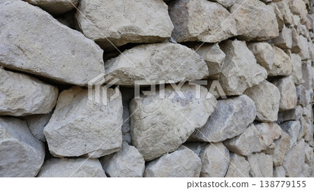 a fragment of a stone wall or fence made of large, rough, solid granite boulders, viewed from an angle in receding perspective, as a textured antique exterior detail a fragment of a stone wall or fence made of large, rough, solid granite boulders, viewed from an angle in receding perspective, as a textured antique exterior detail 138779155