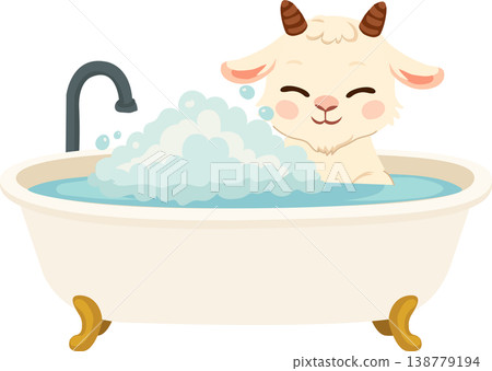 baby goat taking bath in bathtub with bubbles cute animal cartoon for children design nursery art and self care concept 138779194