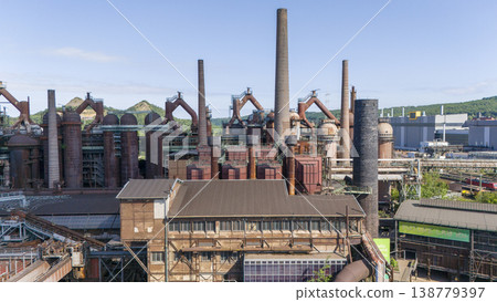 Volklingen Ironworks, Voelklinger Huette, UNESCO World Industrial Heritage Site, Voelklingen, Saarland, Germany. Aerial. Volklingen Ironworks, Voelklinger Huette, UNESCO World Industrial Heritage Site, Voelklingen, Saarland, Germany. Aerial. 138779397