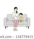 A mother and toddler reading a picture book in the living room (hand-drawn style illustration) 138779415