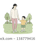 A mother and toddler strolling in a park (hand-drawn style illustration) 138779416