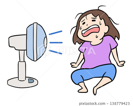 A comical woman, drenched in sweat from the heat, collapses with her hands behind her back, enjoying the breeze from a fan. 138779423