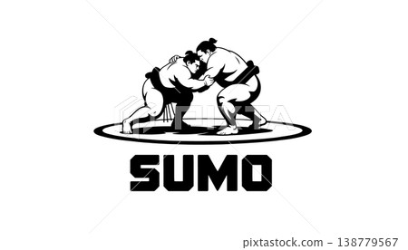 Sumo grapple banner with text lettering typography. A simple black and white sketch of a sumo wrestling martial art grappling silhouette   138779567