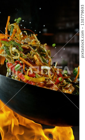Freeze Motion of Flying Asian Meal with Vegetable and Meat into Wok Pan 138779693