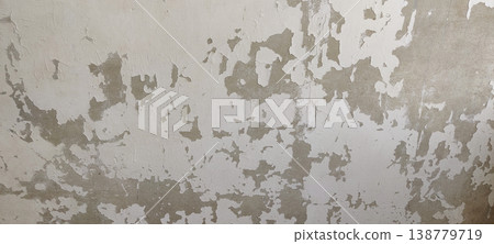 Damaged wall with peeling paint and rough plaster surface showing aging and neglect Damaged wall with peeling paint and rough plaster surface showing aging and neglect 138779719