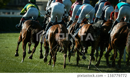 Race horses with jockeys on the home straight. Shaving effect. Race horses with jockeys on the home straight. Shaving effect. 138779772