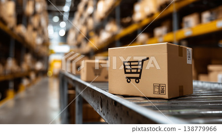 Cardboard shipping box with shopping cart icon in warehouse storage aisle logistics ecommerce delivery distribution concept 138779966