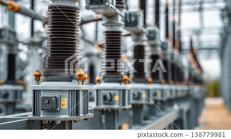 High voltage electrical substation equipment with insulators and power grid infrastructure 138779981