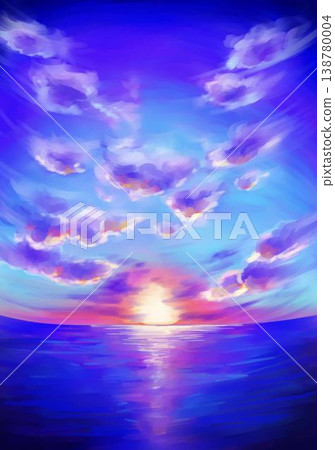 一幅夢幻般的日落海灘3D插畫。 一幅夢幻般的日落海灘3D插畫。 138780004