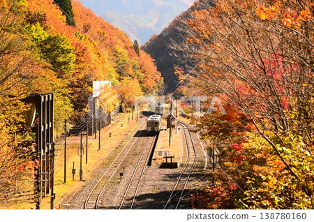 Autumn on the JR Kamaishi Line (Kiha 110 series) near Rikuchu-Ohashi Station 138780160