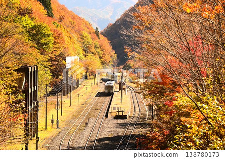 Autumn on the JR Kamaishi Line (Kiha 110 series) near Rikuchu-Ohashi Station 138780173