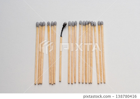 Group of matches and one burned match, burnout abstract concept 138780416