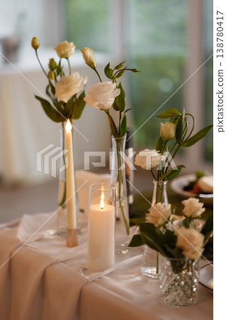Elegant Floral Setting. Serene Floral Arrangement By Window. Elegant Floral Setting. Serene Floral Arrangement By Window. 138780417